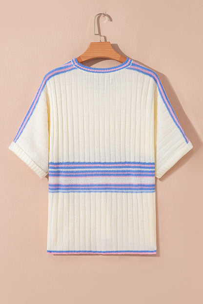 Stripe Ribbed Dolman Sleeve V-Neck Sweater
