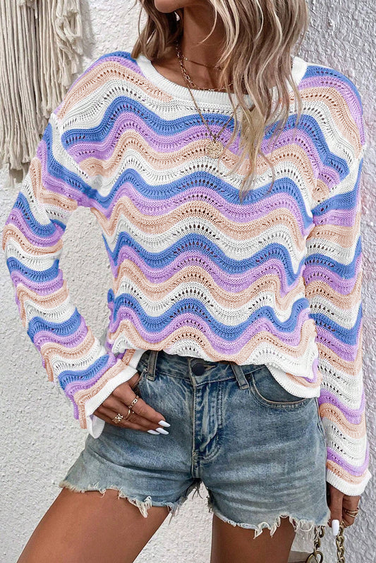 Wavy Stripe Pointelle Knit Sweater