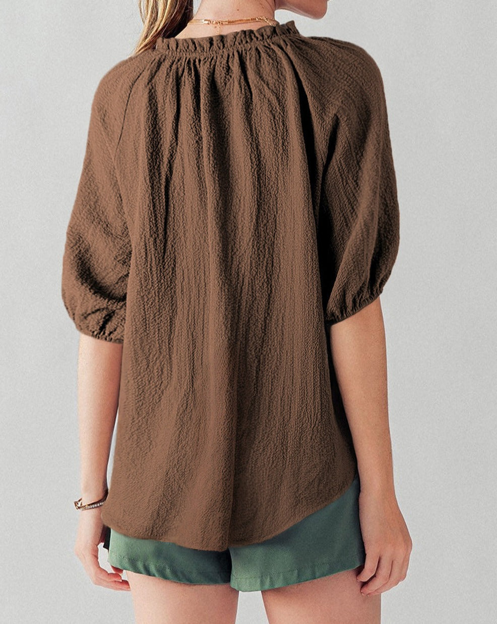 Crinkled Frilled Split Neck Blouse