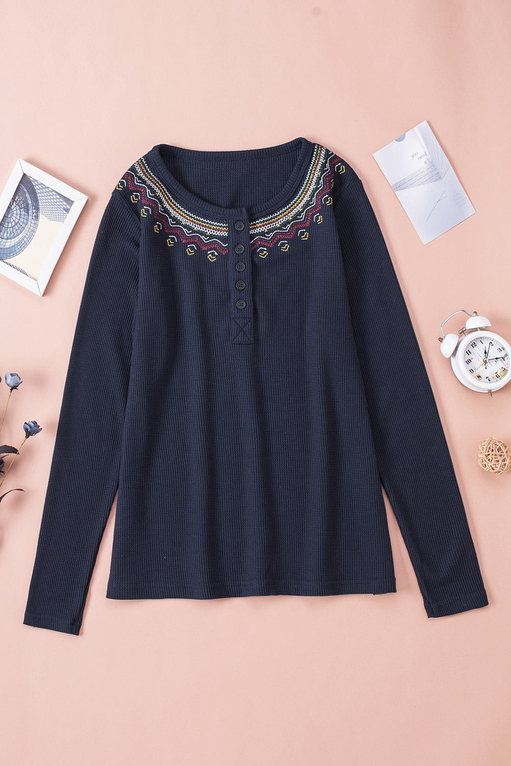 Embroidered Waffle Knit Henley Top