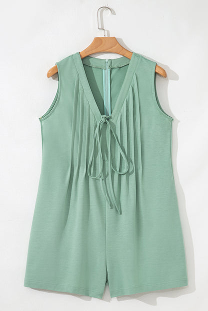 Solid Tie V-Neck Pintuck Sleeveless Romper