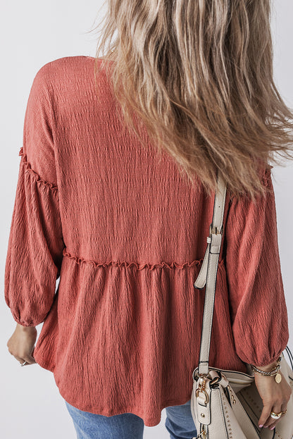 Textured V-Neck Puff Sleeve Blouse