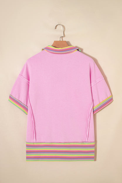 Rainbow Stripe Ribbed Patchwork Oversize Polo Tee