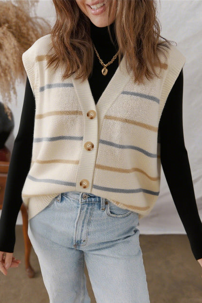 Stripe V-Neck Buttoned Sweater Vest