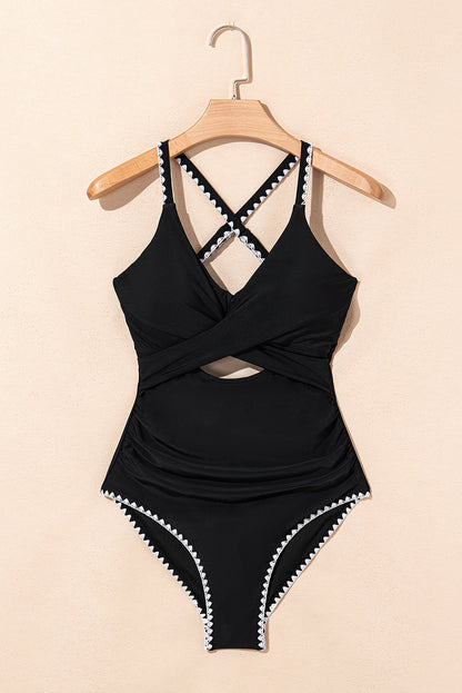 Colorblock Ric-Rac Trim Cutout Swimsuit