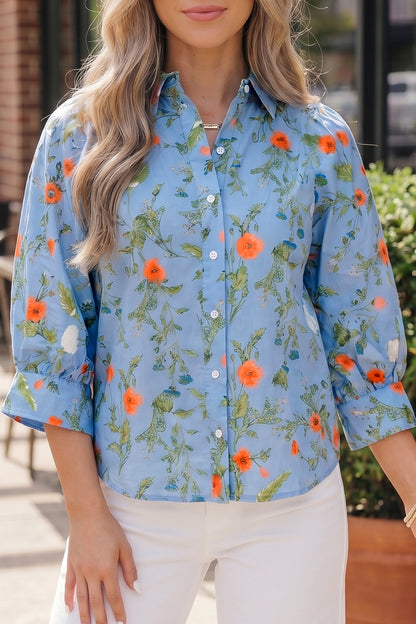 Floral 3/4 Sleeve Button Down Collared Blouse