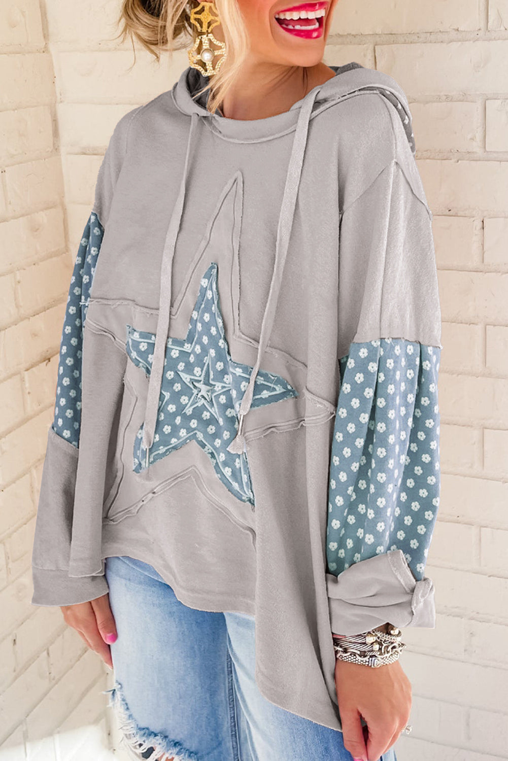 Floral Star Patchwork Drawstring Hoodie