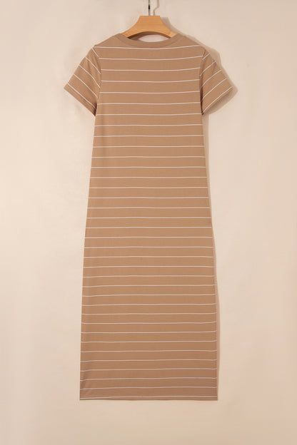 Stripe Short Sleeve Side Slit Maxi Dress