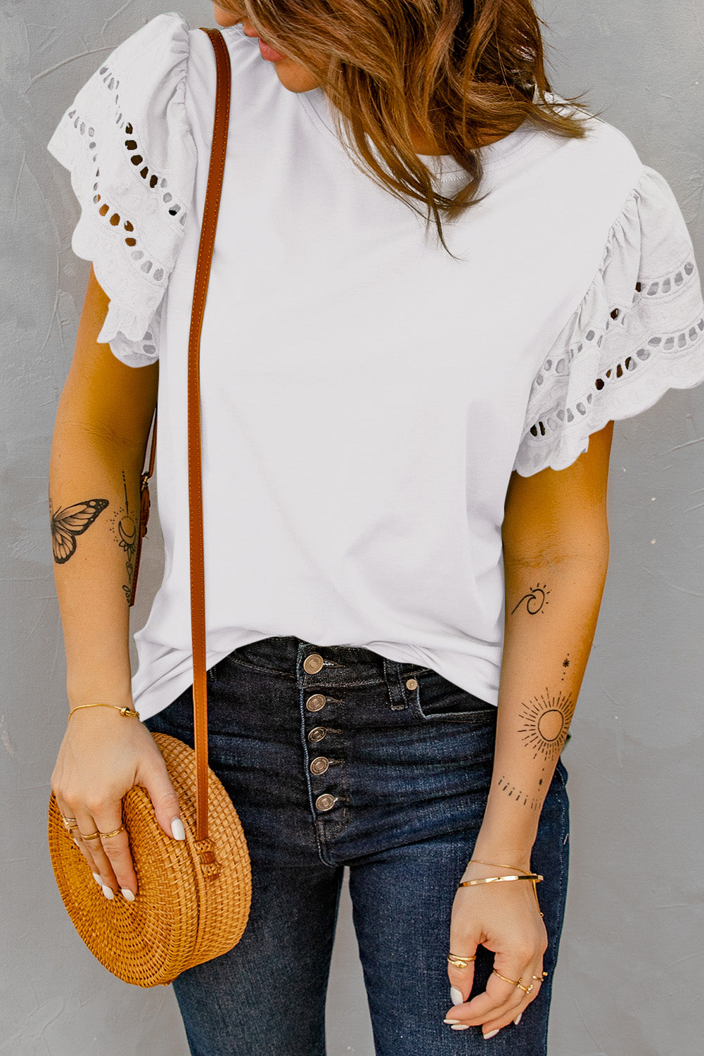 Eyelet Ruffle Short Sleeve T-Shirt