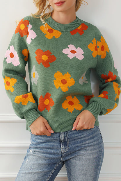 Floral Rib Trim Crewneck Sweater