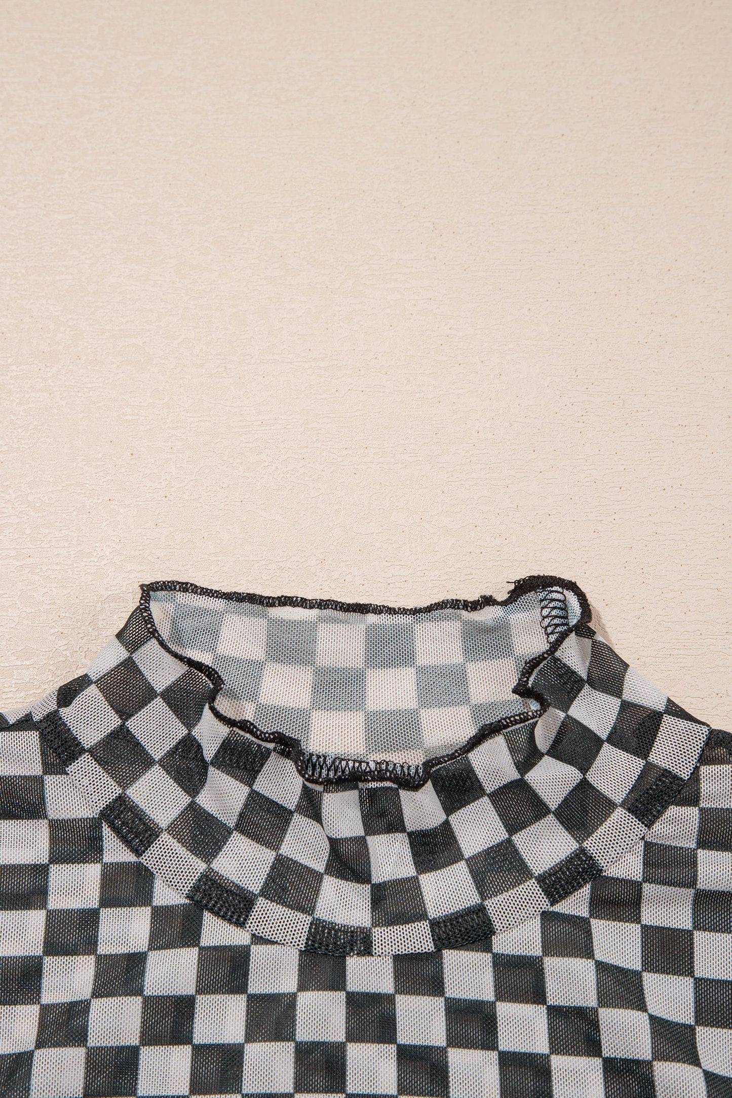 Checker Stand Neck Long Sleeve Mesh Top