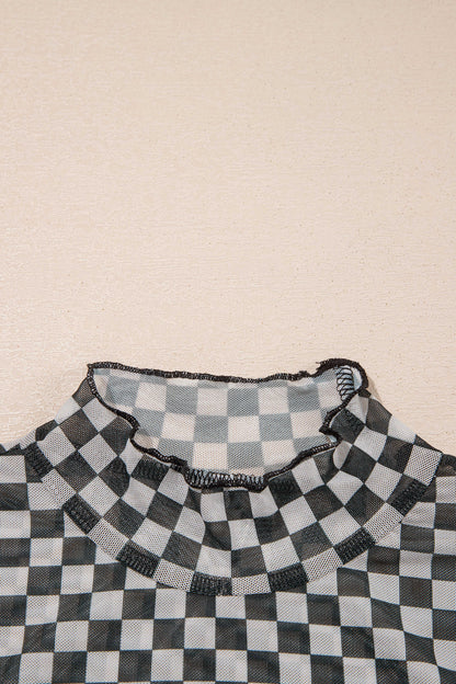 Checker Stand Neck Long Sleeve Mesh Top