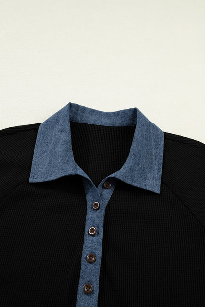 Denim Patchwork Textured Knit Polo Collar Top