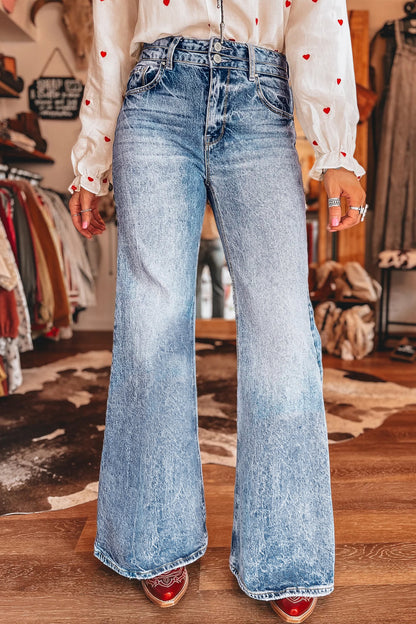 Denim Acid Wash Pockets Flare Jeans