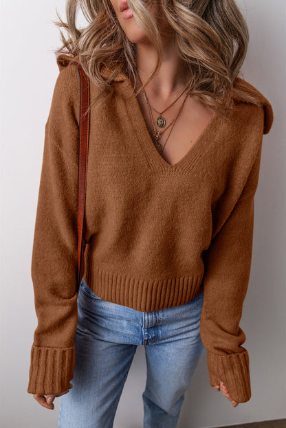 Solid Collared V-Neck Ribbed Edge Sweater