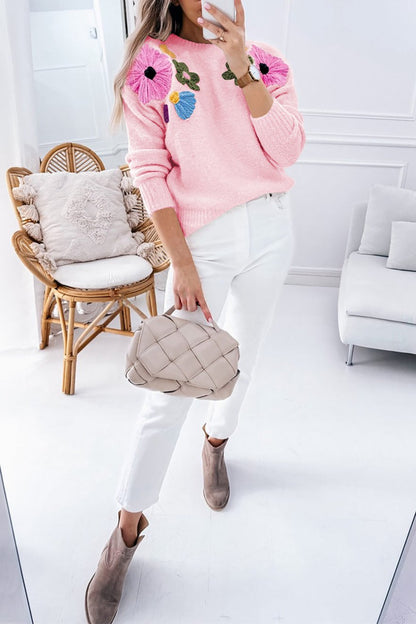 Floral Ribbed Trim Crewneck Sweater