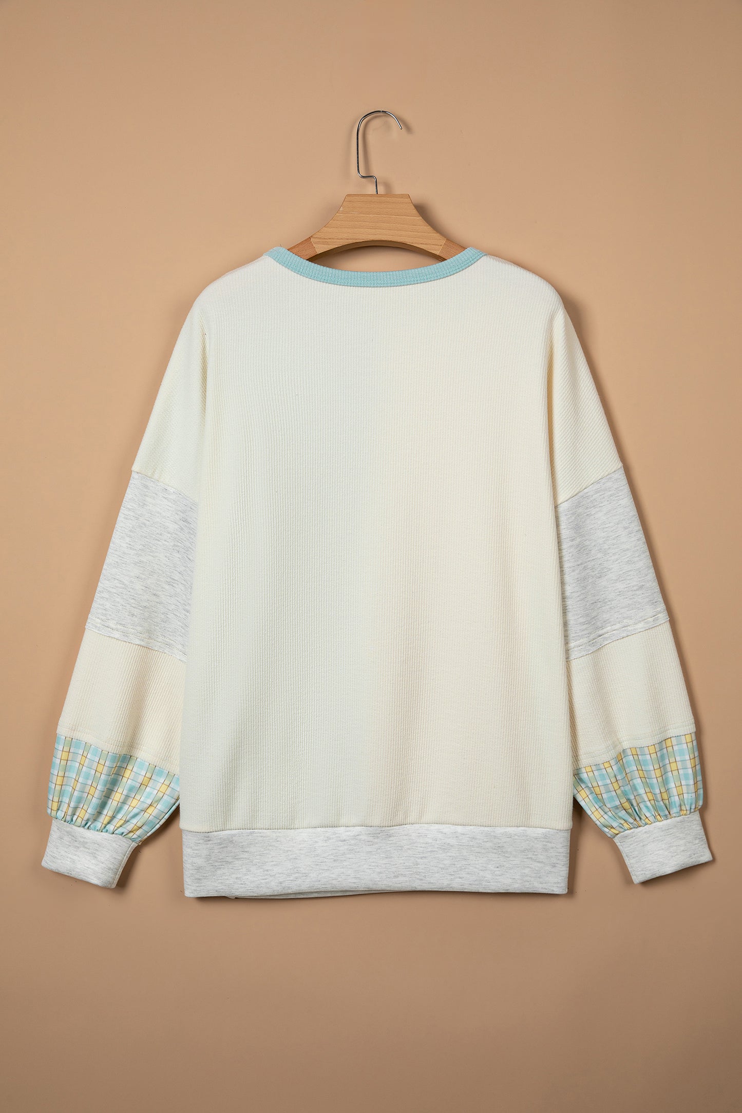Plaid Patchwork Flower Round Neck Long Sleeve Top
