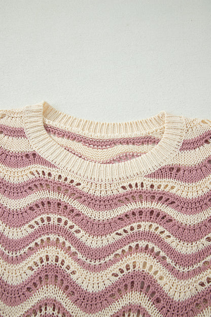 Wavy Stripe Ruffle 3/4 Sleeve Crochet Sweater