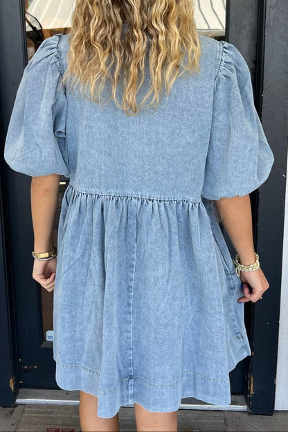 Denim Bow Bubble Sleeve Dress