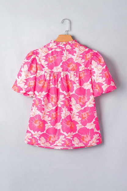 Floral Short Bubble Sleeve V-Neck Blouse