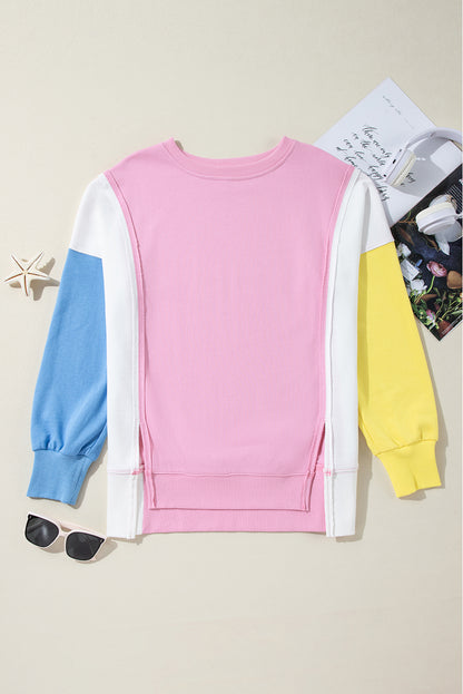 Colorblock Exposed Seam Side Slit Long Sleeve Sweatshirt