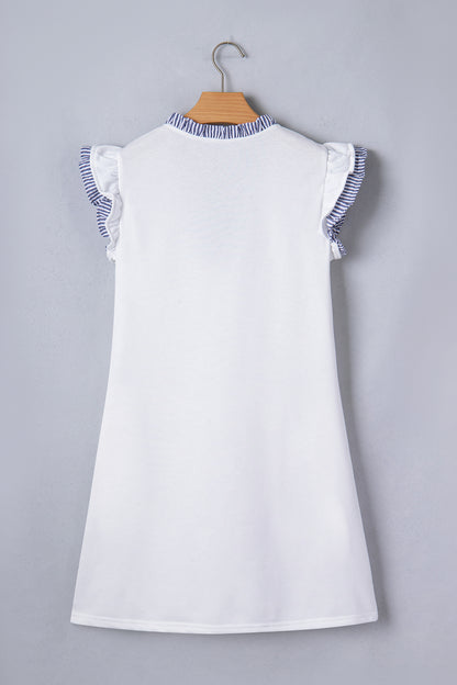 Stripe Patchwork Split Neck Ruffle Trim Sleeveless Dress