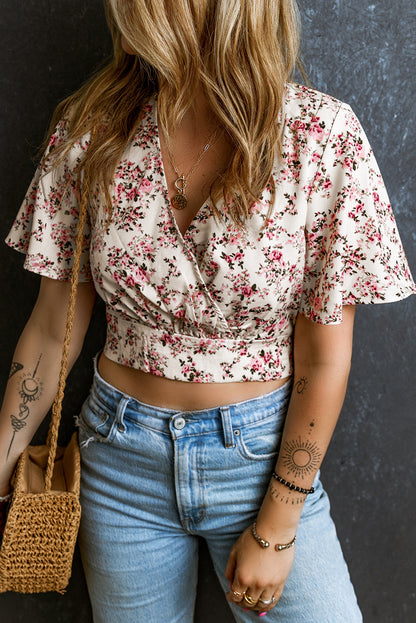 Floral Wrap V-Neck Crop Blouse