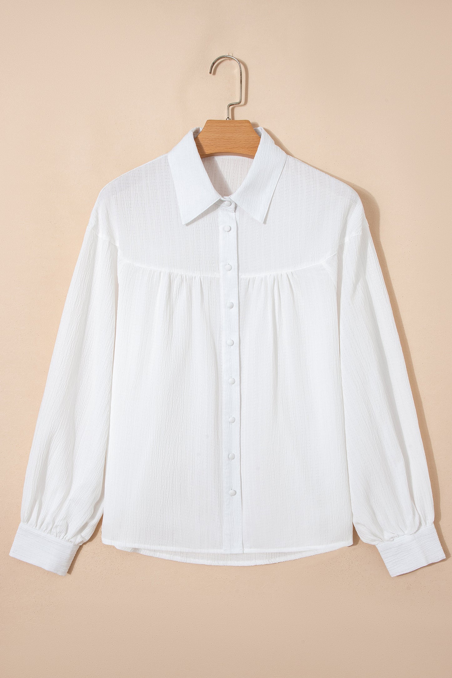 Solid Crinkled Lantern Sleeve Buttoned Shirt