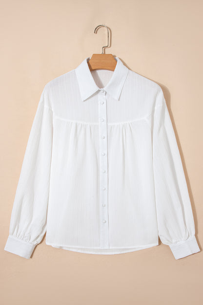 Solid Crinkled Lantern Sleeve Buttoned Shirt
