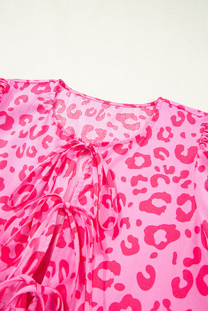 Leopard Puff Sleeve Tie-Front Mini Dress