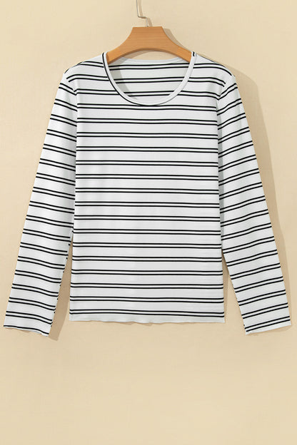 Stripe Ribbed Knit Round Neck Long Sleeve Top