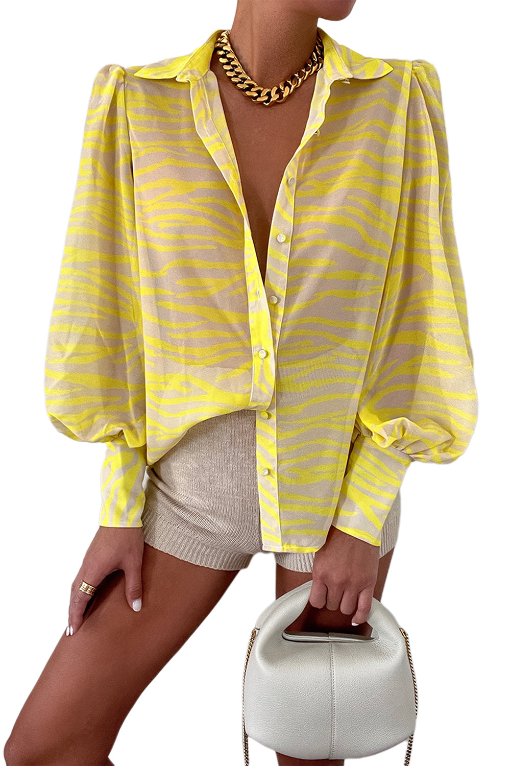 Yellow Zebra Stripes Print Lantern Sleeve Shirt