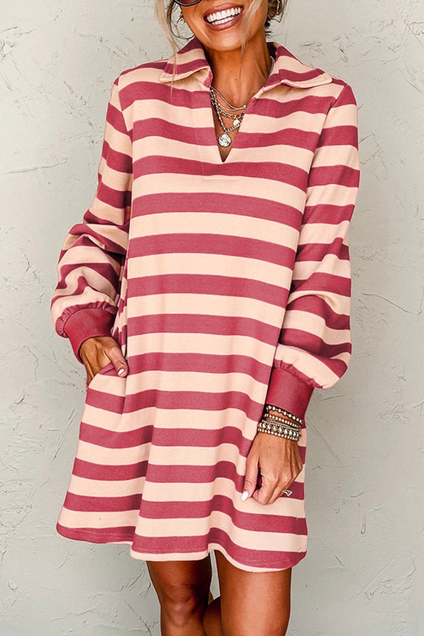 Stripe V-Neck Long Sleeve Dress