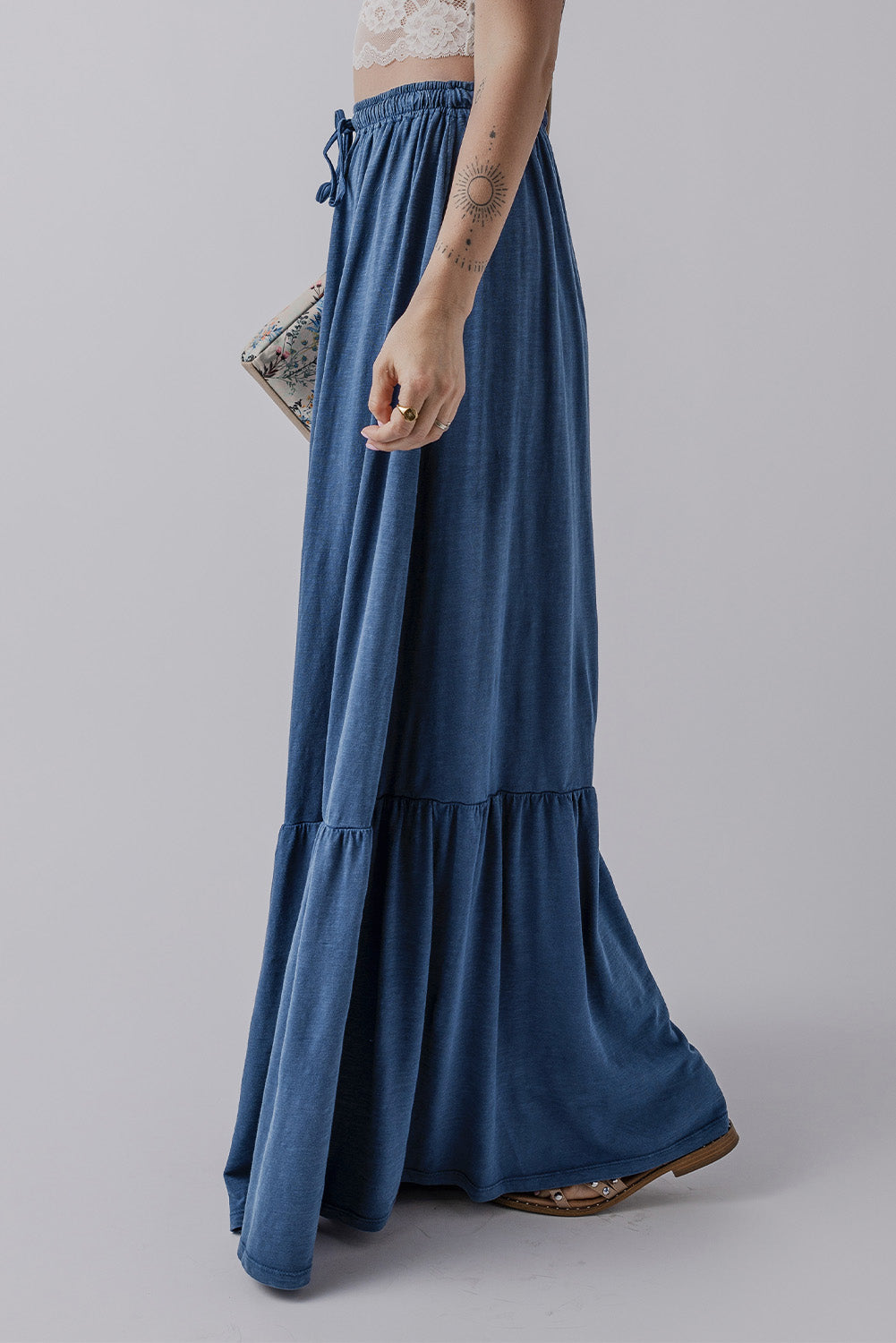 Denim Chambray Tiered Maxi Skirt