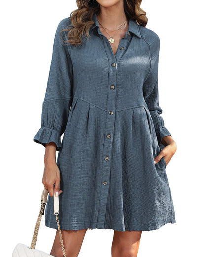 Crinkle Mini Shirt Dress w/Pockets