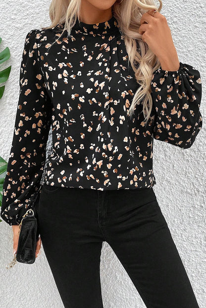 Leopard Pleated Lantern Sleeve Blouse