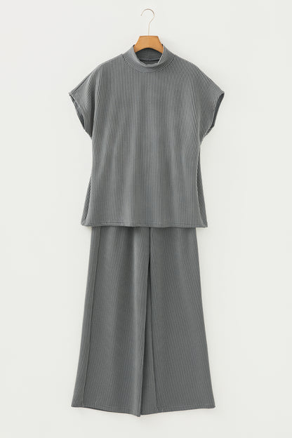 Corded Knit Mock Neck Tee and Pant Set