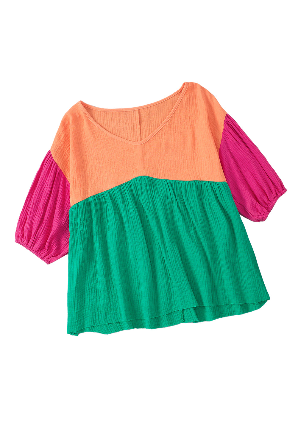 Colorblock Gauze Bubble Sleeve Blouse