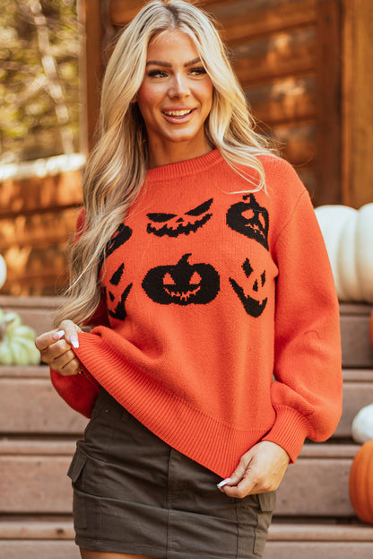 Halloween Pumpkin Face Drop Shoulder Sweater