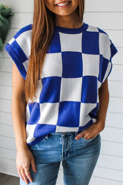 Checker Round Neck Sweater Top