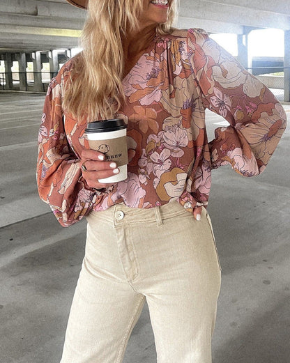 Floral Bubble Sleeve Blouse