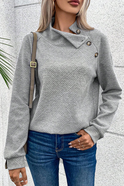 Geometric Textured Buttoned Collar Sweatshirt