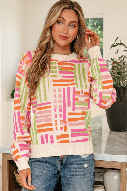 Geometric Stripe Crewneck Puff Sleeve Sweater