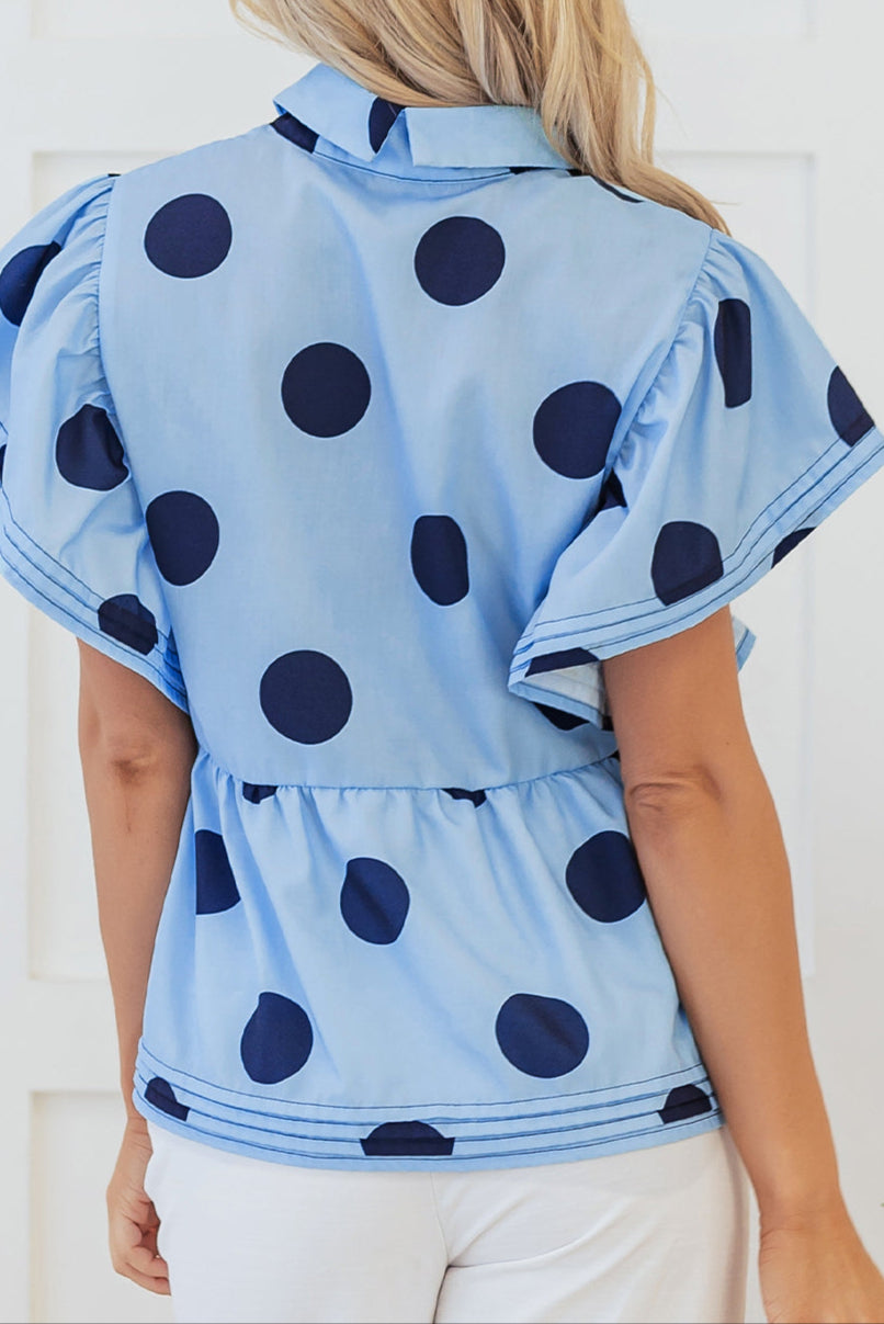 Polka Dot Short Sleeve Buttoned Blouse