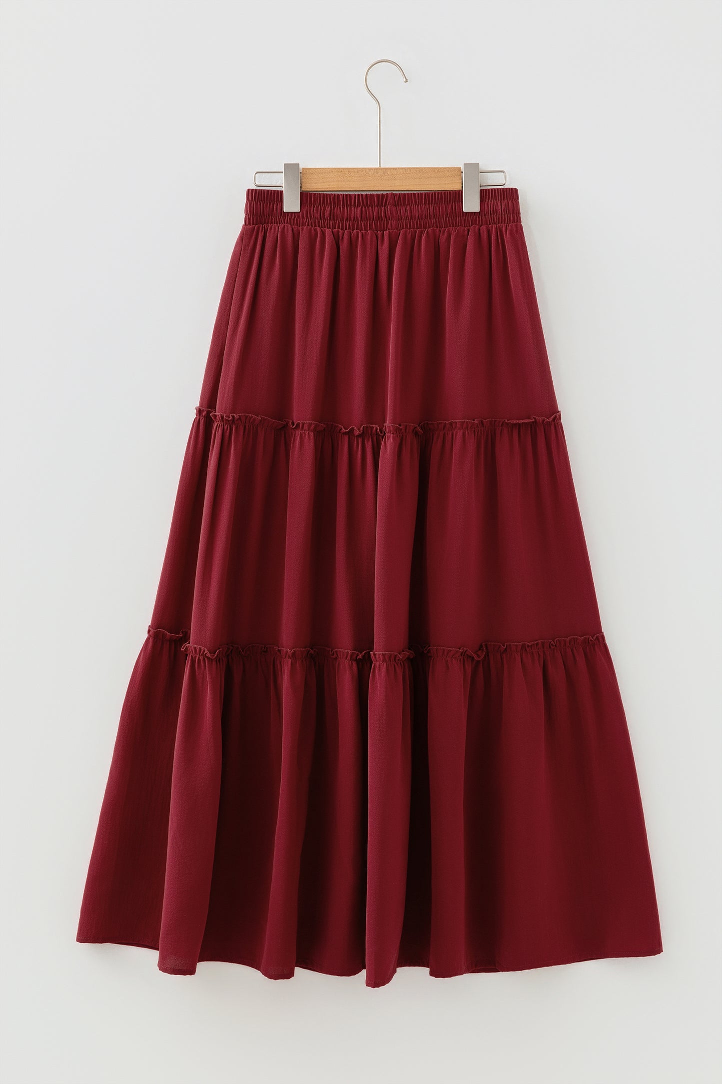Solid Frilled Tiered Drawstring Waist Maxi Skirt