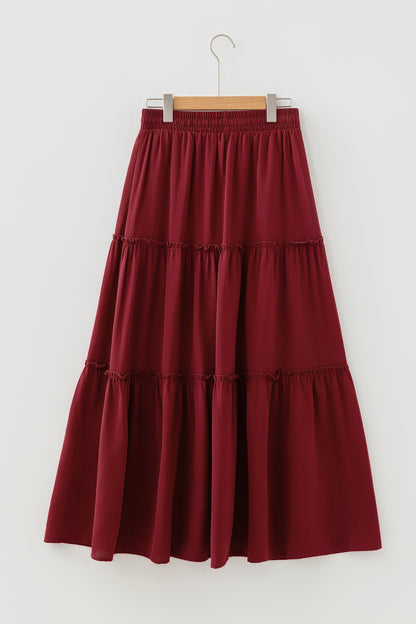 Solid Frilled Tiered Drawstring Waist Maxi Skirt