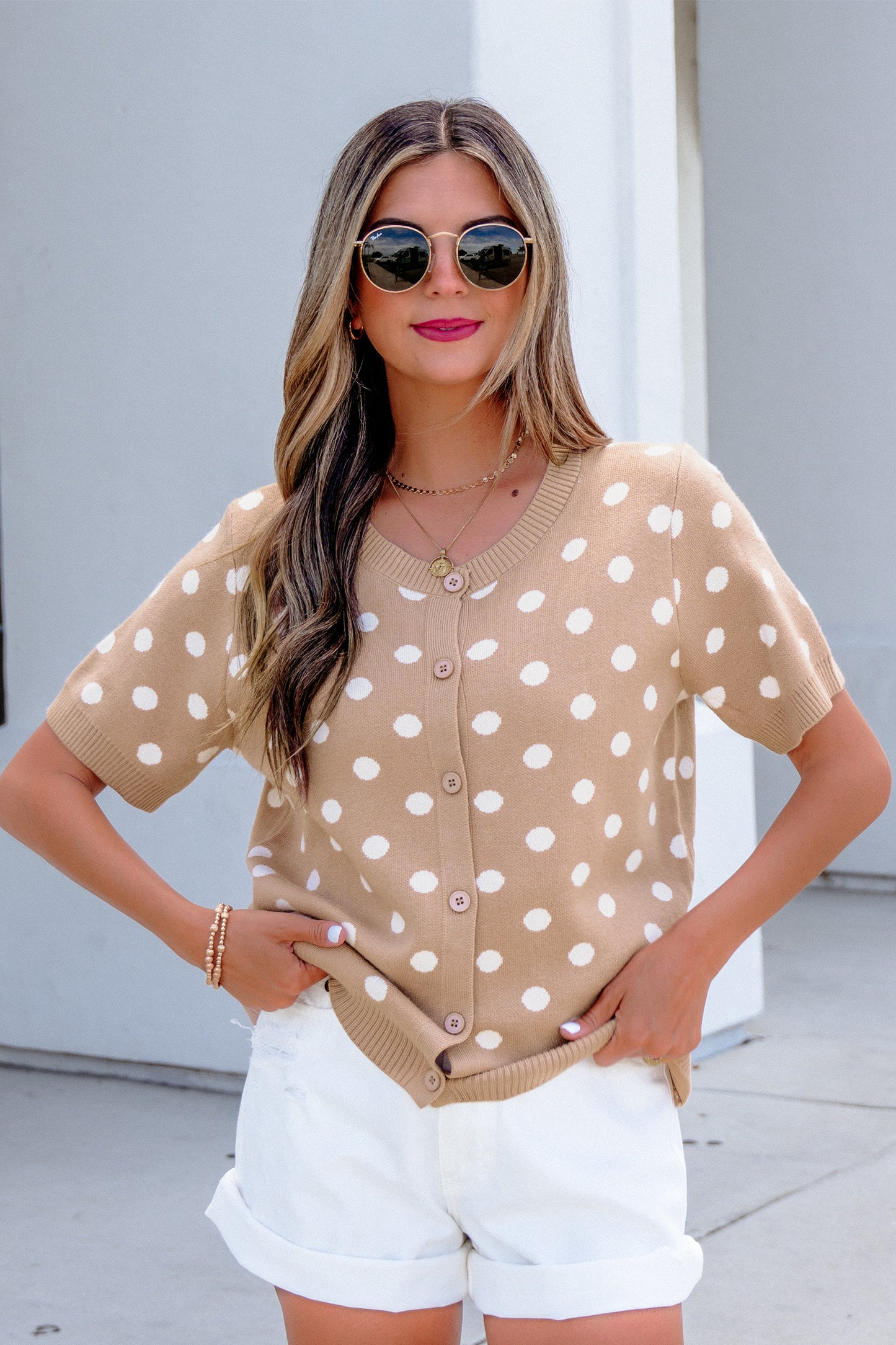 Polka Dot Short Sleeve Buttoned Sweater Cardigan