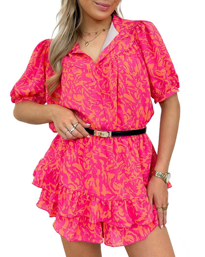 Abstract Ruffle Short Sleeve Mini Dress