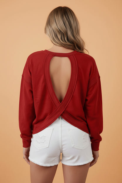 Solid Ribbed Long Sleeve Drop Shoulder Cutout Back Sweatshirt