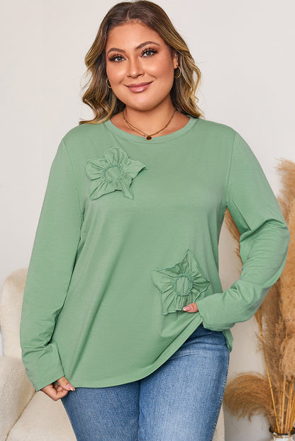 Plus Size Floral Applique Mineral Wash Long Sleeve Top